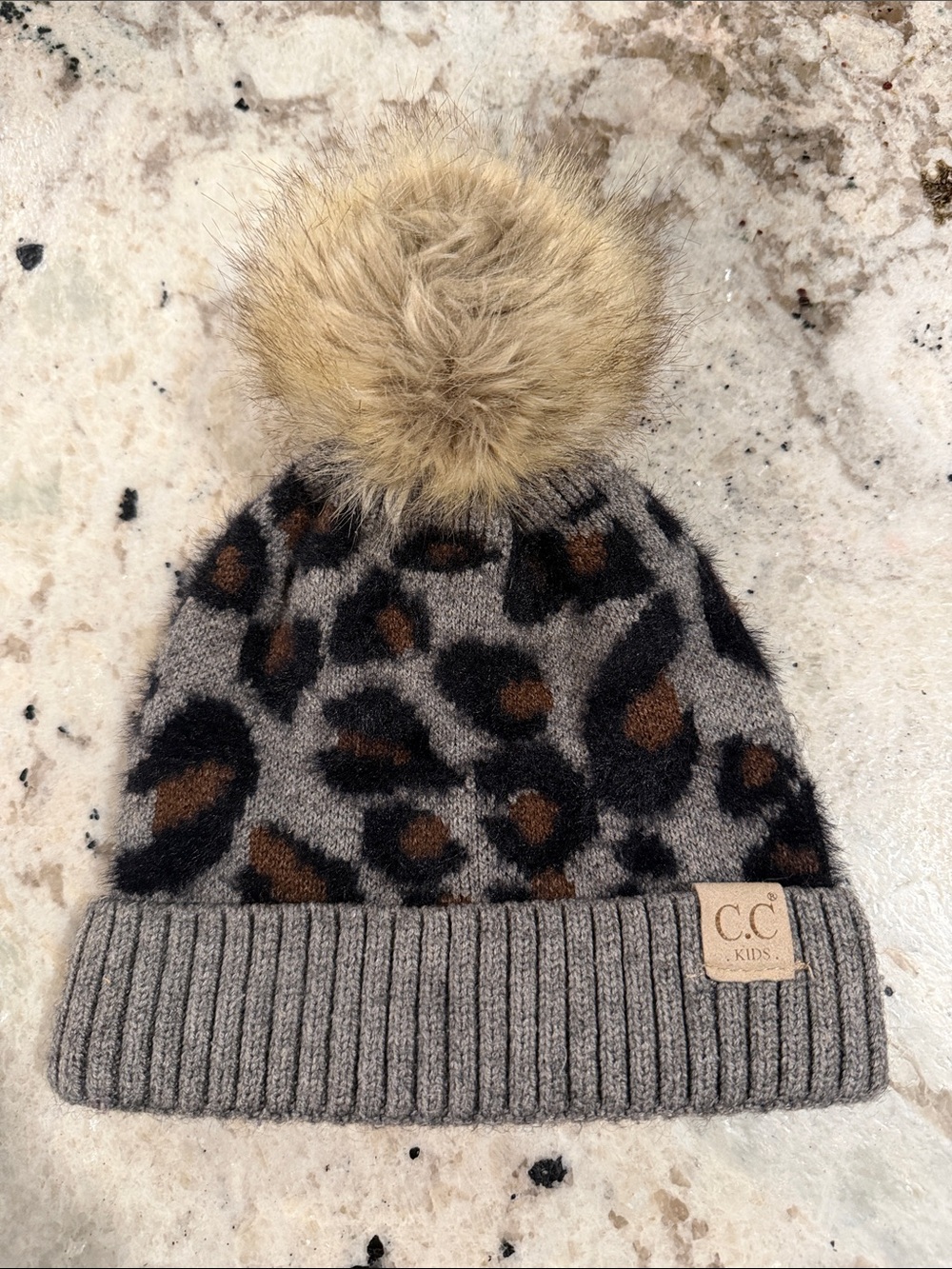 Leopard Print Pom Beanie - Gray/Brown